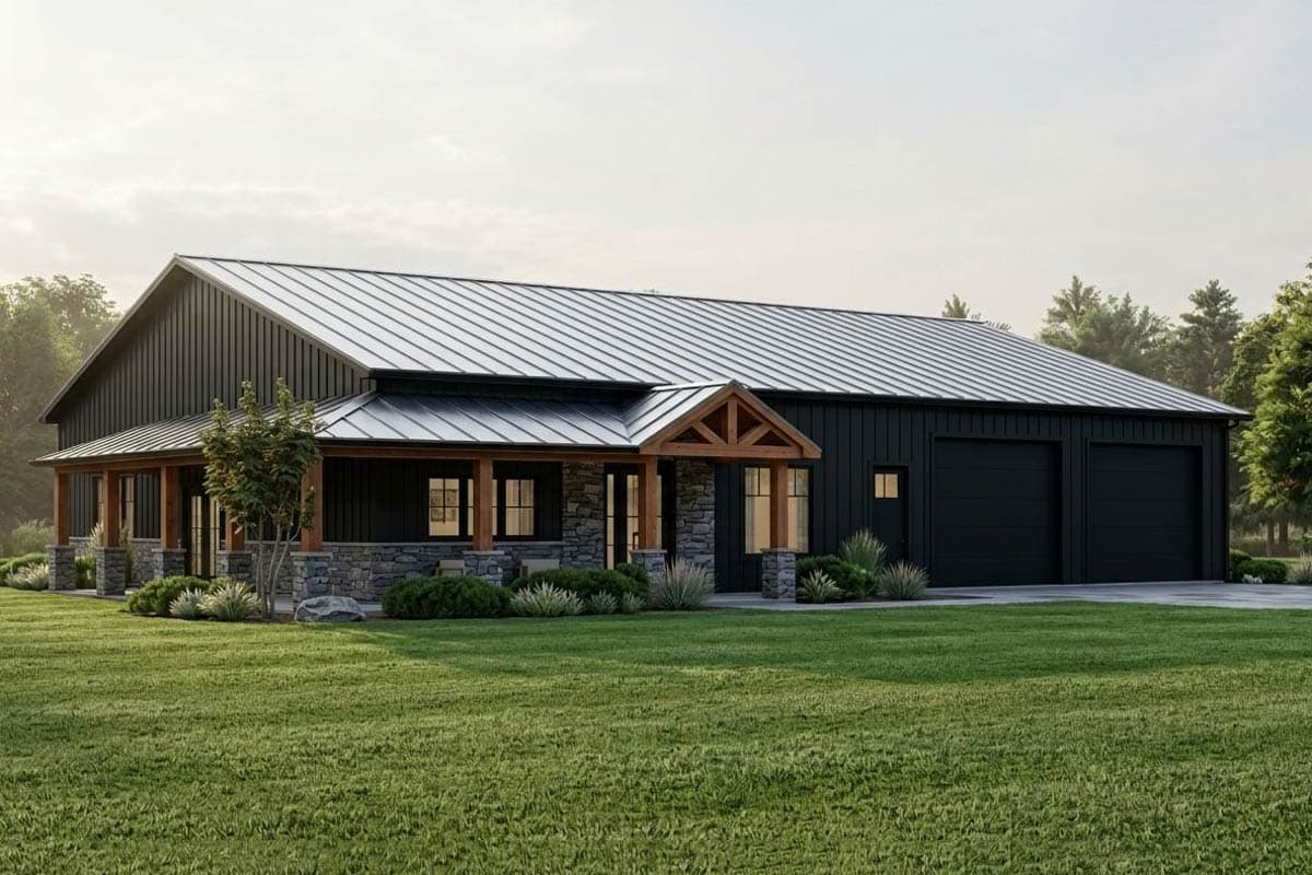 House plan exterior: Modern barn style home with a wraparound porch, stone accents, and a two-car garage.