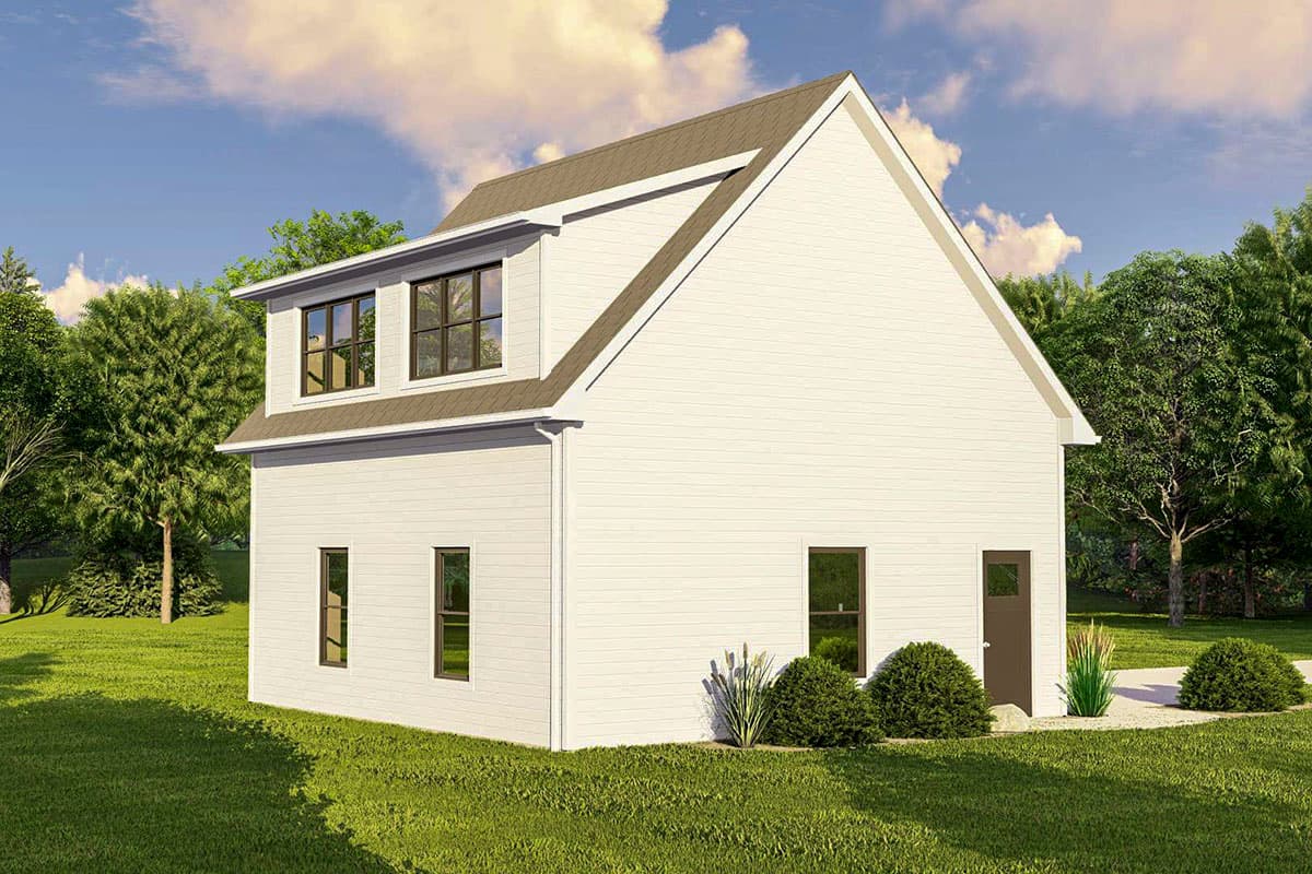 House plan exterior: Two-story modern farmhouse with a dormer featuring three windows, lap siding, and a gabled roof.