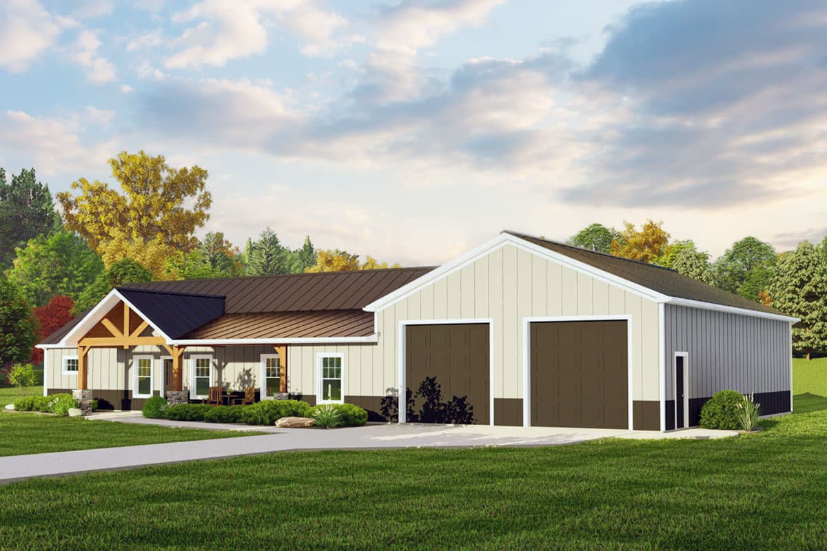 Ranch house plan exterior with covered porch, exposed wooden beams, and a two-car garage.