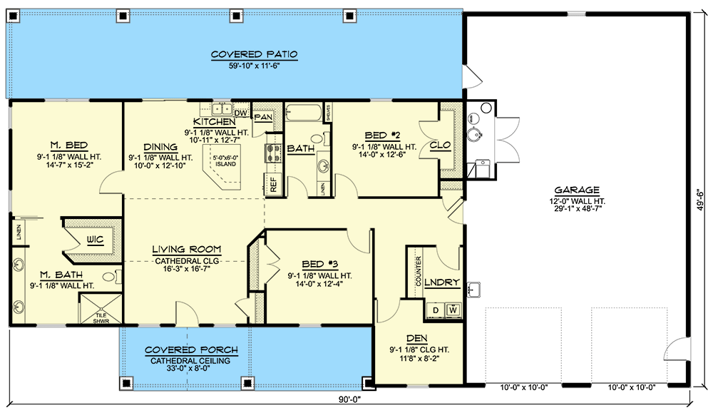 Plan 135215GRA: 3-Bed Barndominium-Style House Plan Under 1900 Square Feet with Extra-Deep 2-Car Garage - Floor Plan - Main Level - Barndominium, Country, Ranch, Rustic