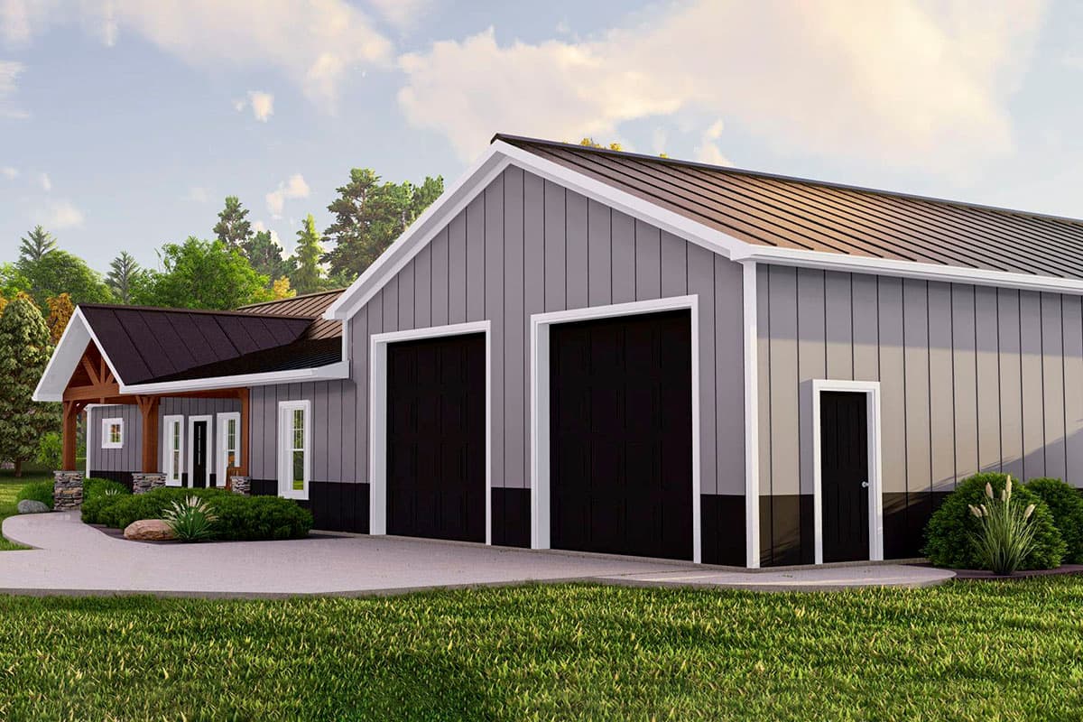 House plan exterior with vertical siding, gable roof, covered porch with timber posts, and two garage doors.