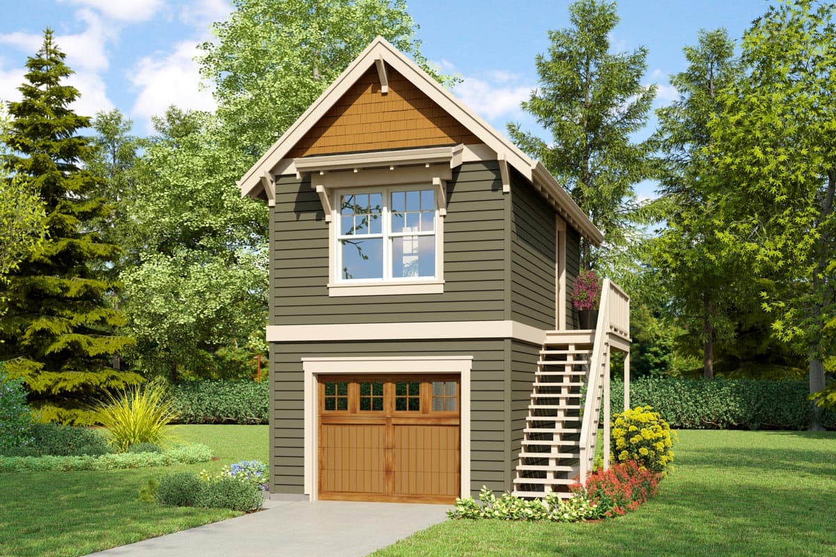 House plan exterior with two stories. Craftsman style with gabled roof, window brackets, and second-story access via exterior stairs.