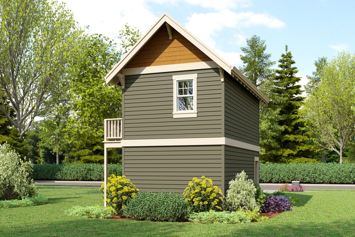 House plan exterior: Two-story home with horizontal siding, gable roof, decorative rafter tails, and a small second-story balcony.