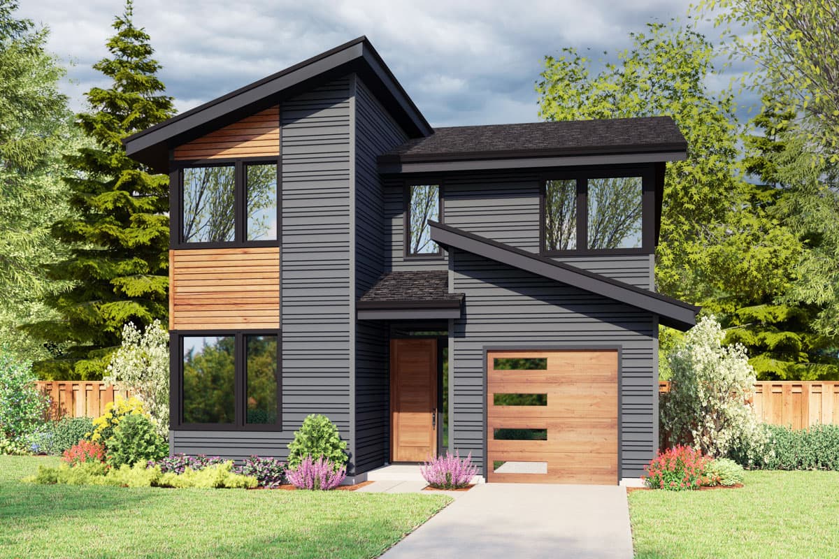 House plan exterior. Two-story modern home with wood accents, shed roof, and horizontal siding. Features a single-car garage and entry portico.