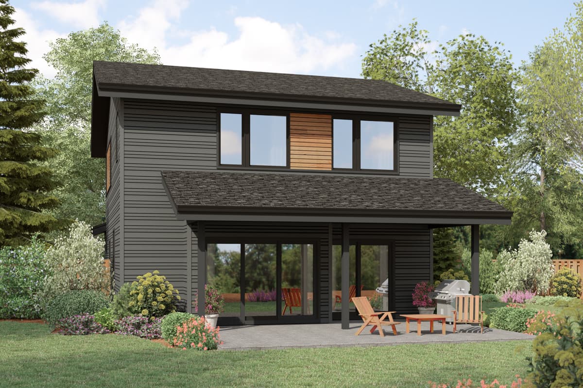 Modern two-story house plan exterior with horizontal siding, a covered patio, and prominent upper-level windows.