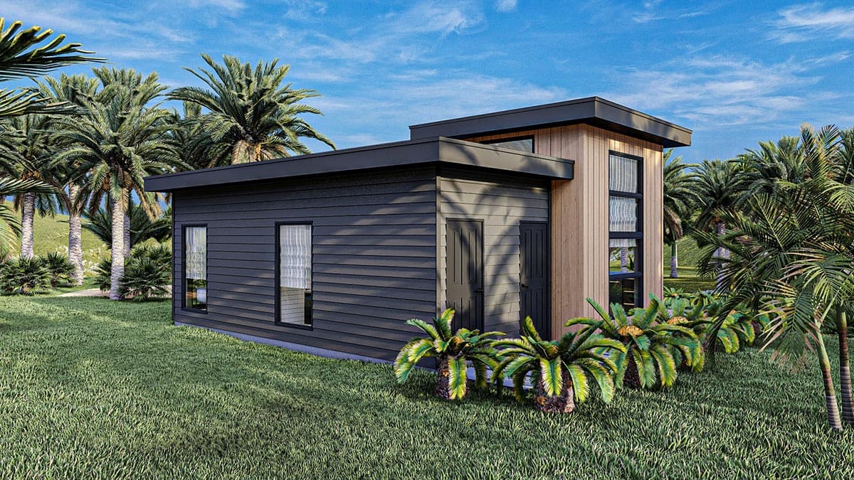 House plan exterior showing a modern, single-story structure with horizontal siding, flat roof, and large windows.