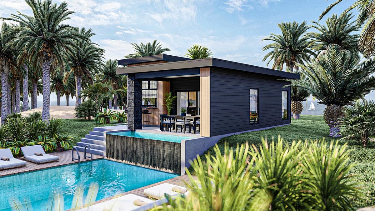 Modern house plan exterior with flat roof, dark siding, stone accents, outdoor dining, and swimming pool.
