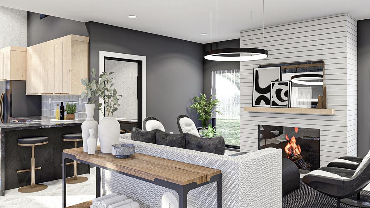 Interior rendering of a great room with a modern fireplace, wood cabinetry kitchen island, and a large sectional sofa.