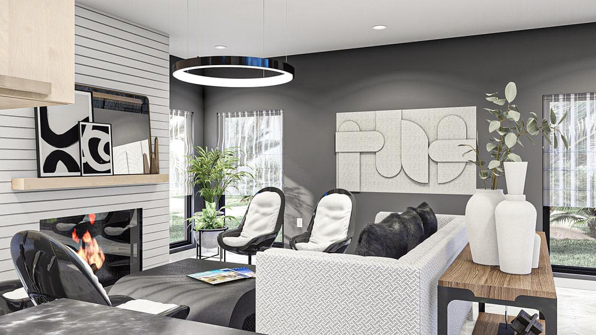 Interior rendering of a living room with a fireplace, modern seating, and minimalist art.
