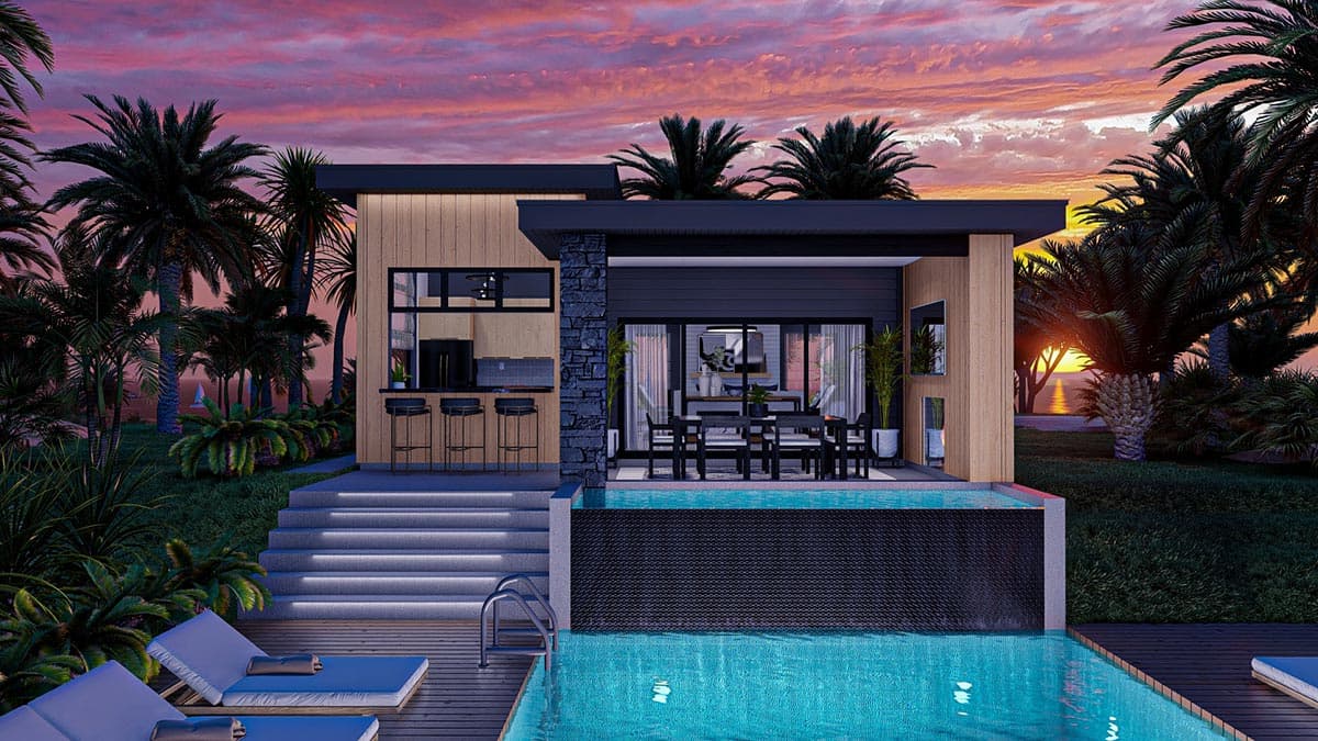 Plan 623171DJ: Modern-Style Pool House Plan with Outdoor and Indoor Fireplaces - Image #10 - Beach, Contemporary, Modern, Vacation