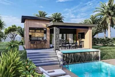 Modern-Style Pool House Plan with Outdoor and Indoor Fireplaces
