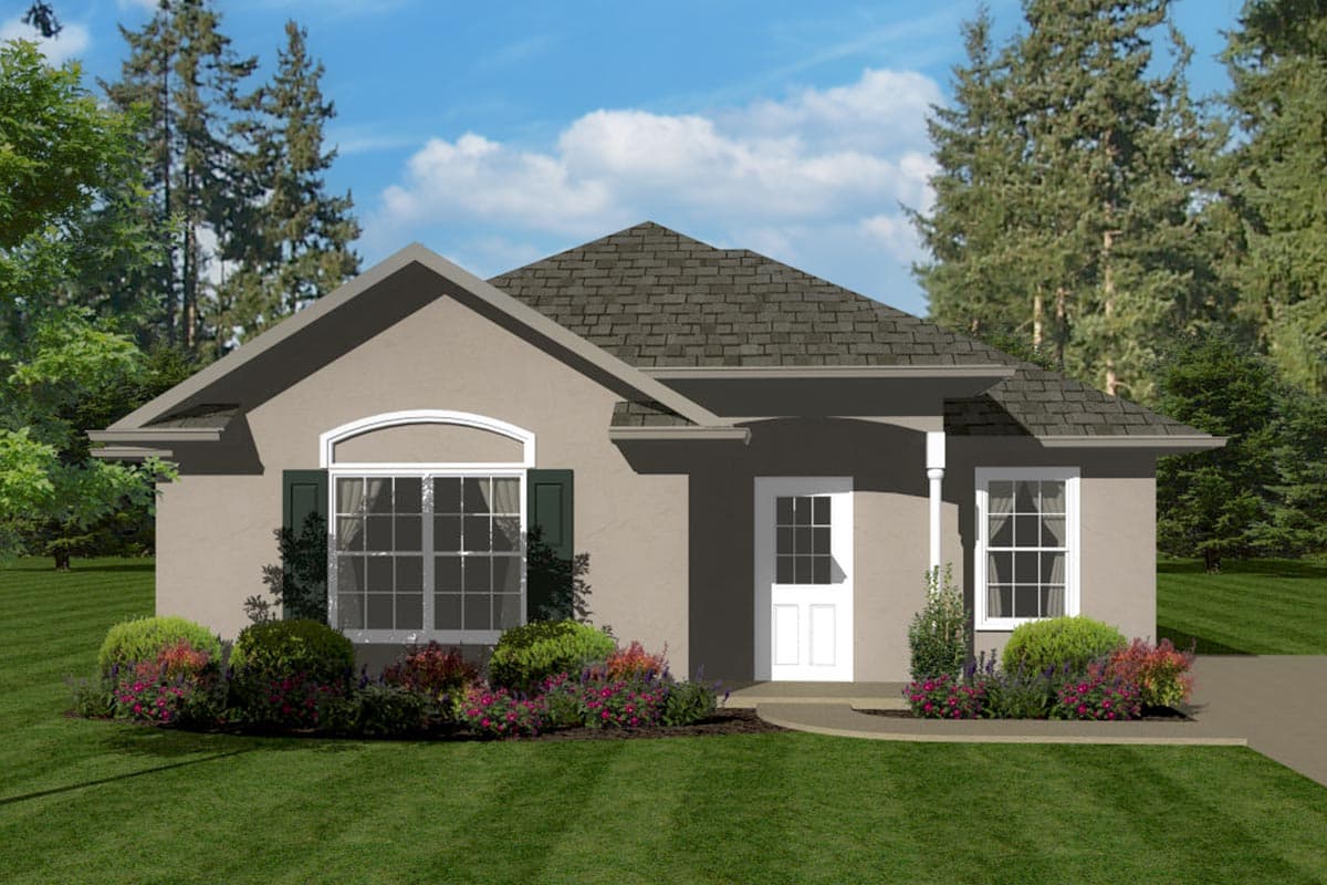 House plan exterior: one-story stucco home with arched window, shutters, covered entry, and manicured landscaping.