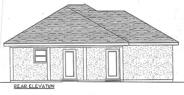 Rear elevation of a house plan showing a single-story structure with a hip roof, one window, and two doors.