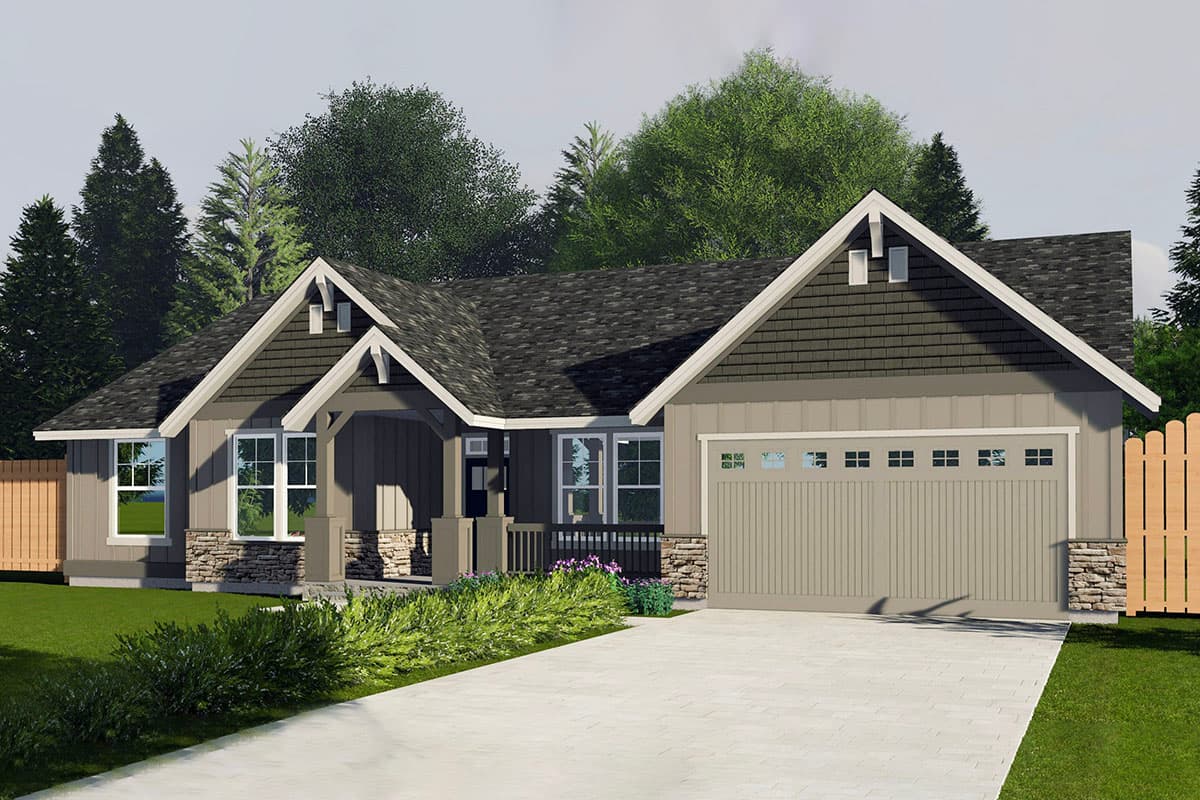 House plan exterior. Craftsman-style single-story home with gables, a covered porch, and a side-entry garage.