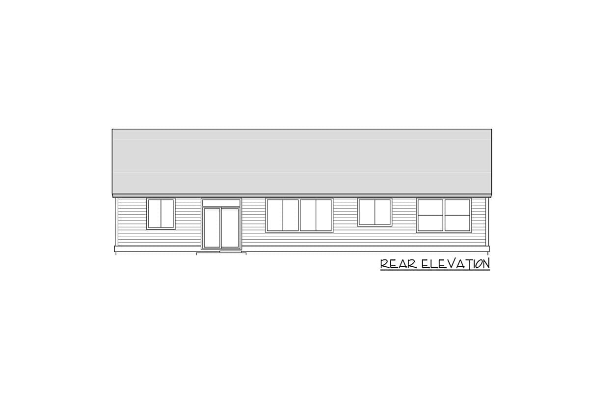Rear elevation drawing of a house plan featuring a sliding glass door and multiple windows.