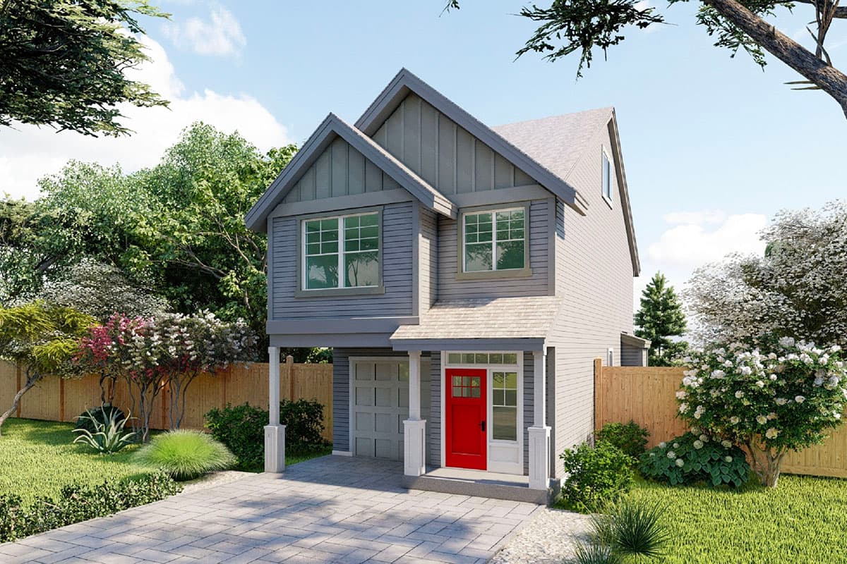 House plan exterior. Two-story, Craftsman-style home with gabled roof, small front porch, and garage. Features vertical siding and dormer.
