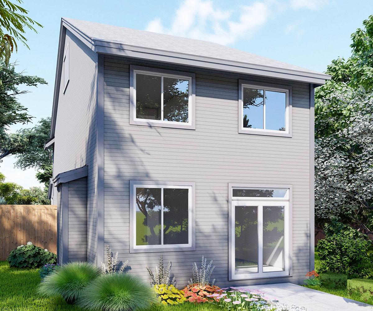 Modern two-story house plan exterior with lap siding, gable roof, and multiple windows.