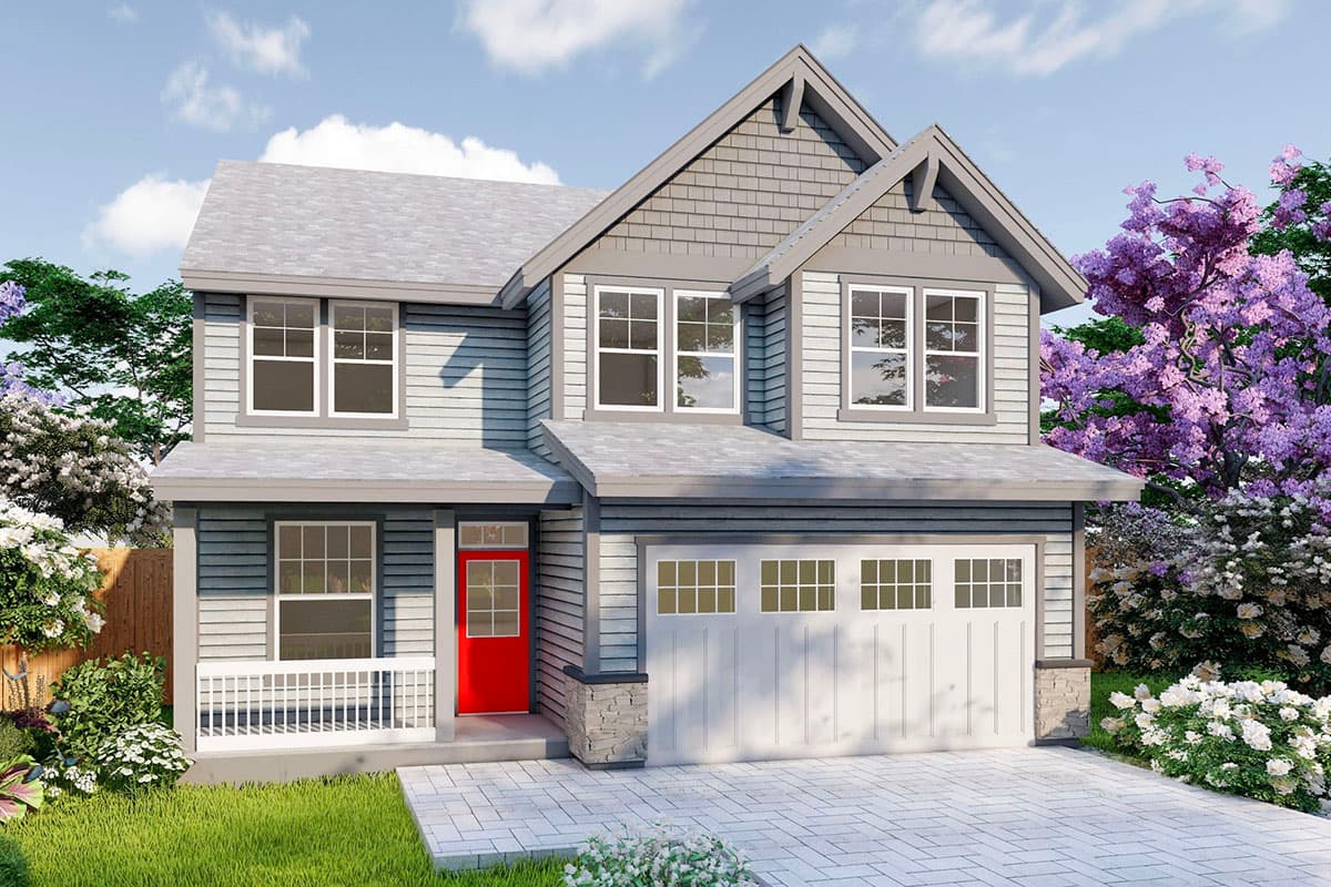House plan exterior with Craftsman style. Two-story home with gables, a covered porch, and a two-car garage. Features lap siding and shakes.