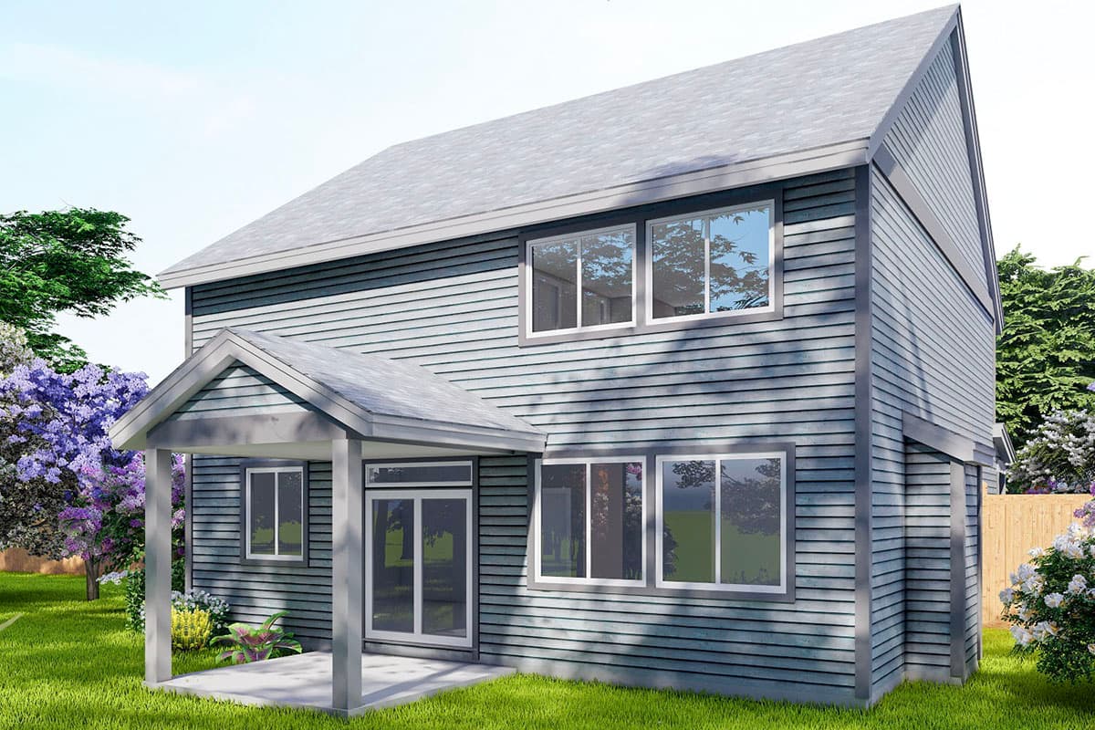 House plan exterior: Two-story home with horizontal siding, a covered entry porch, and multiple windows on both levels.