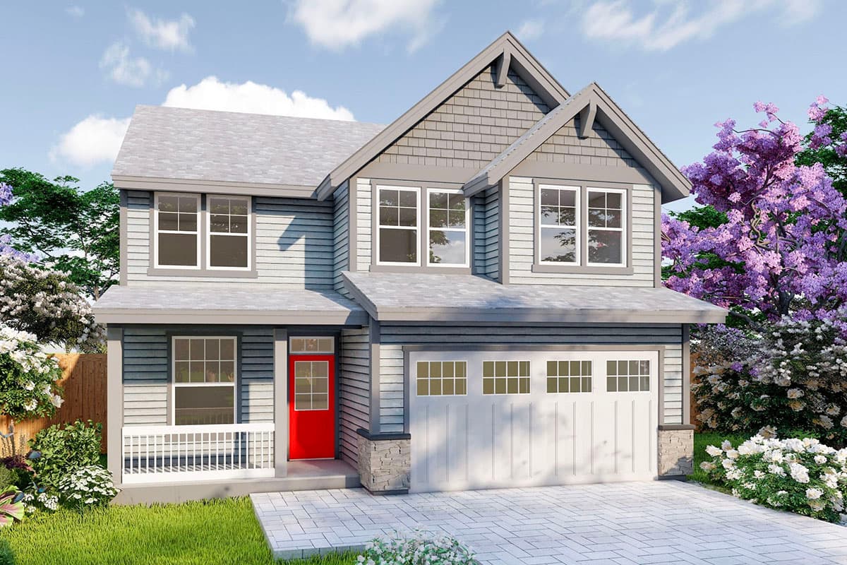 House plan exterior view of a two-story home. Features include a gabled roof, dormers, a front porch, and an attached garage.