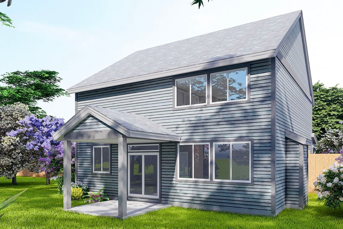Two-story house plan exterior with a gabled covered entry, horizontal siding, and multiple double-hung windows.