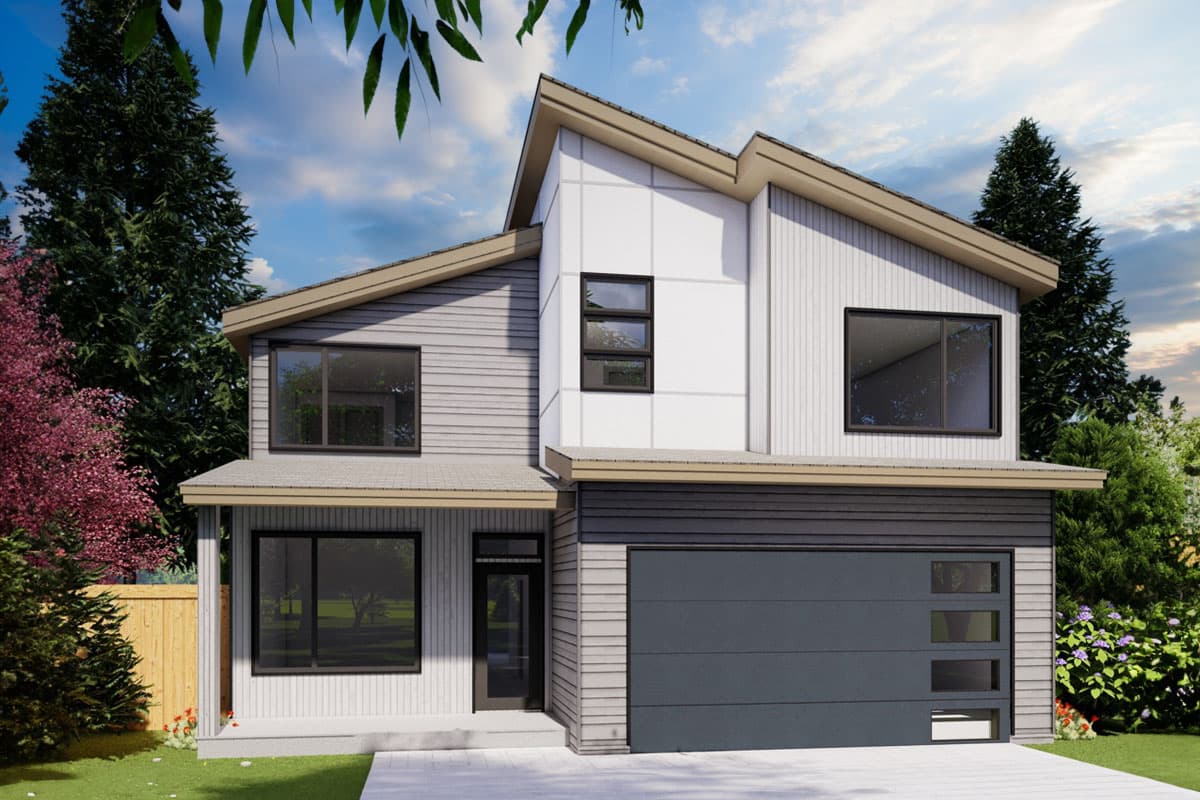 House plan exterior. Two-story modern style with flat roof and mixed siding. Features include large windows, and an attached garage.