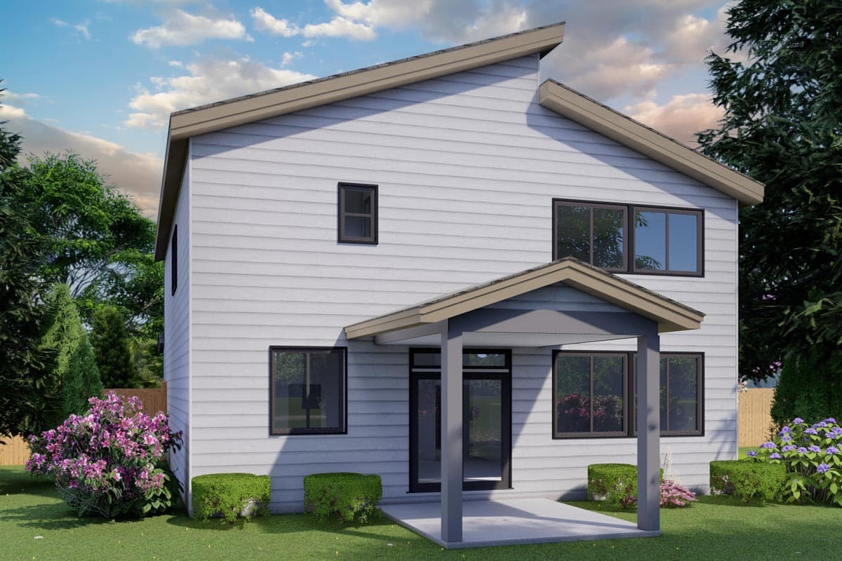Modern two-story house plan exterior with lap siding, asymmetric gables, covered entry porch, and dark-framed windows.