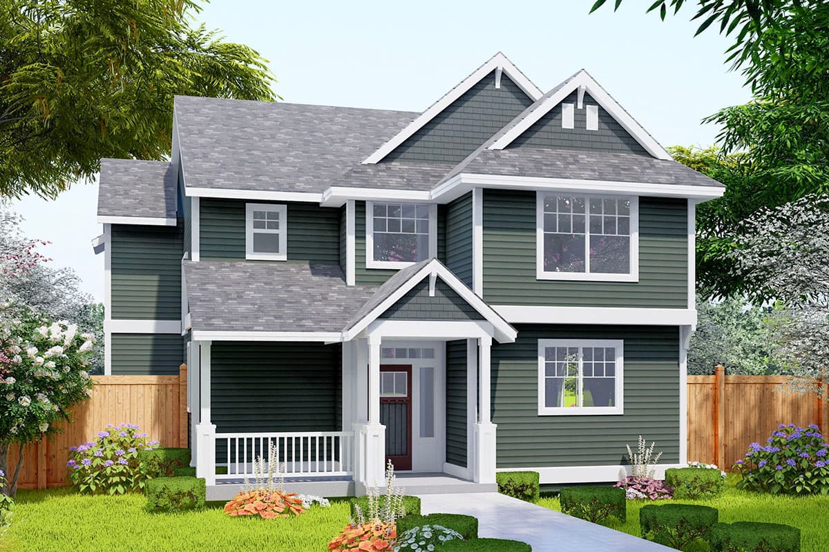 House plan exterior. Two-story home with a gabled roof, front porch, and dormers. Features dark siding and white trim.