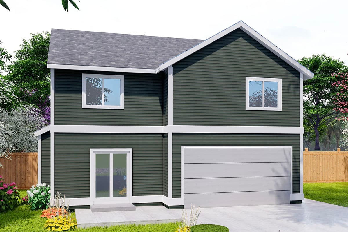 House plan exterior: two-story home with horizontal siding, double garage, and entry door.