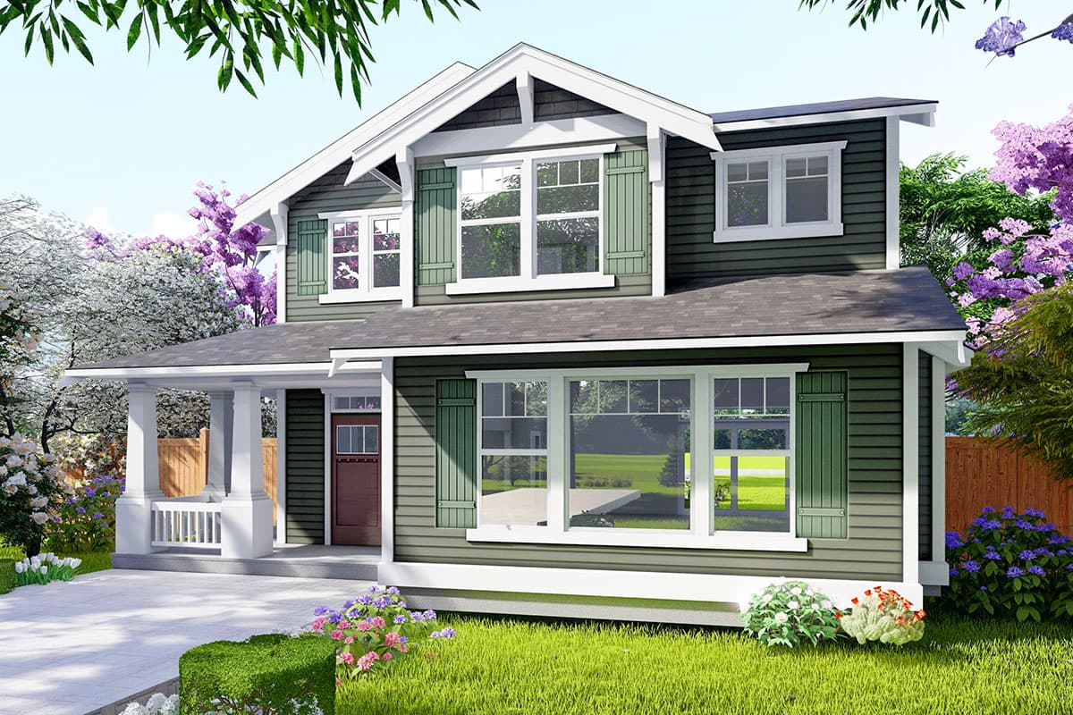Two-story Craftsman house plan exterior with a front porch, gables, and shuttered windows. Features include a side entry door and a multi-pane window.