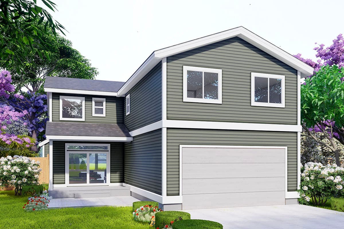 Two-story house plan exterior with horizontal siding, prominent gables, a two-car garage, and multiple windows.