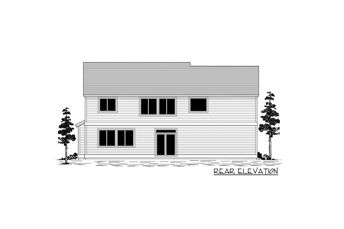 Rear elevation drawing of a two-story house with a horizontal siding, multiple windows, and a double door.
