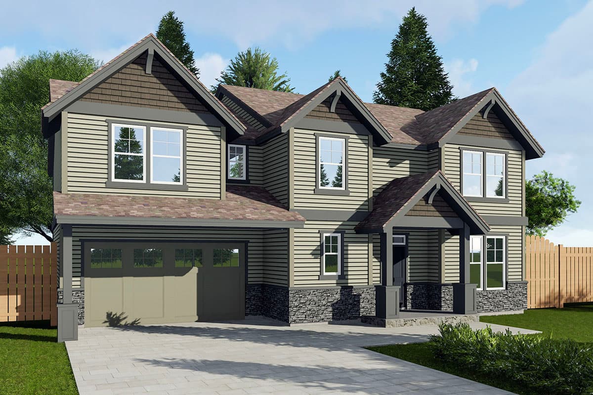 House plan exterior. Two-story Craftsman home with gabled roof, front porch, and attached garage. Exterior features include stone accents and dormers.