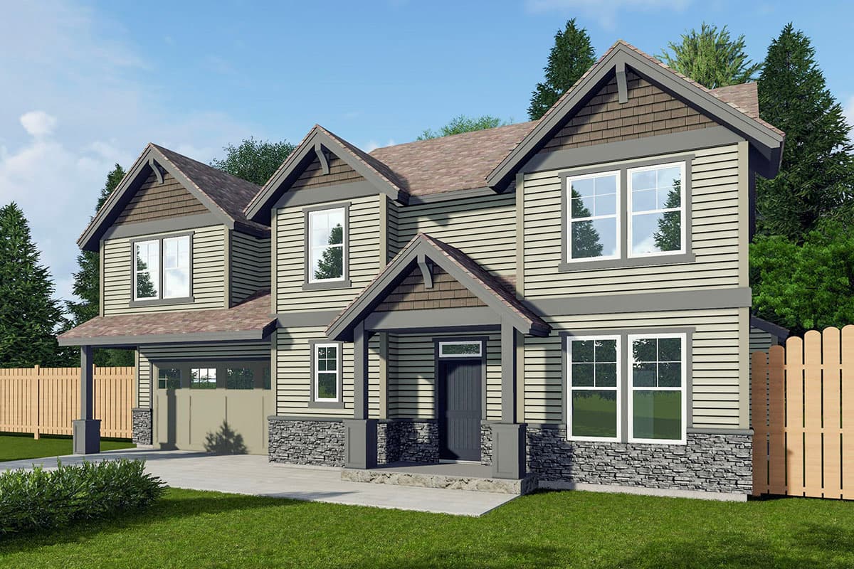 House plan exterior. Two-story Craftsman with gabled roof, stone accents on the facade, and a covered front porch.