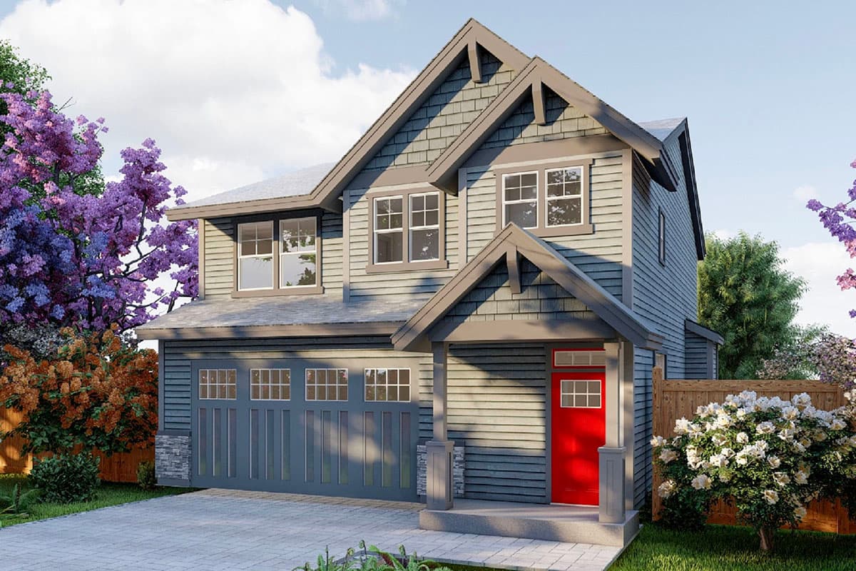 House plan exterior. Two-story Craftsman style home with gabled roof, front porch, and garage. Features wood siding and a red front door.
