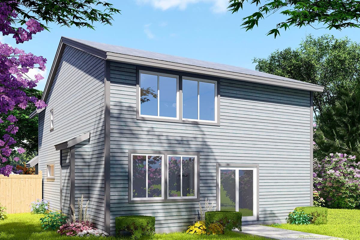 Two-story house plan exterior with horizontal siding, gable roof, and multiple large windows.