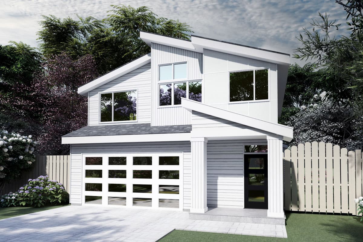 House plan exterior. Two-story modern house with shed roof, single-car garage, and asymmetrical facade. Features include a covered porch.