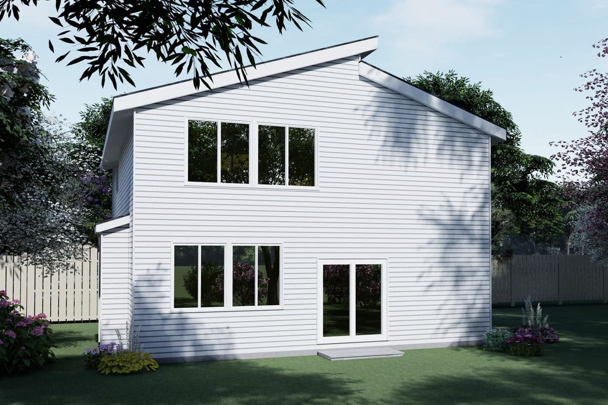 Two-story modern house plan exterior with horizontal siding, large windows, and a sloped roofline.