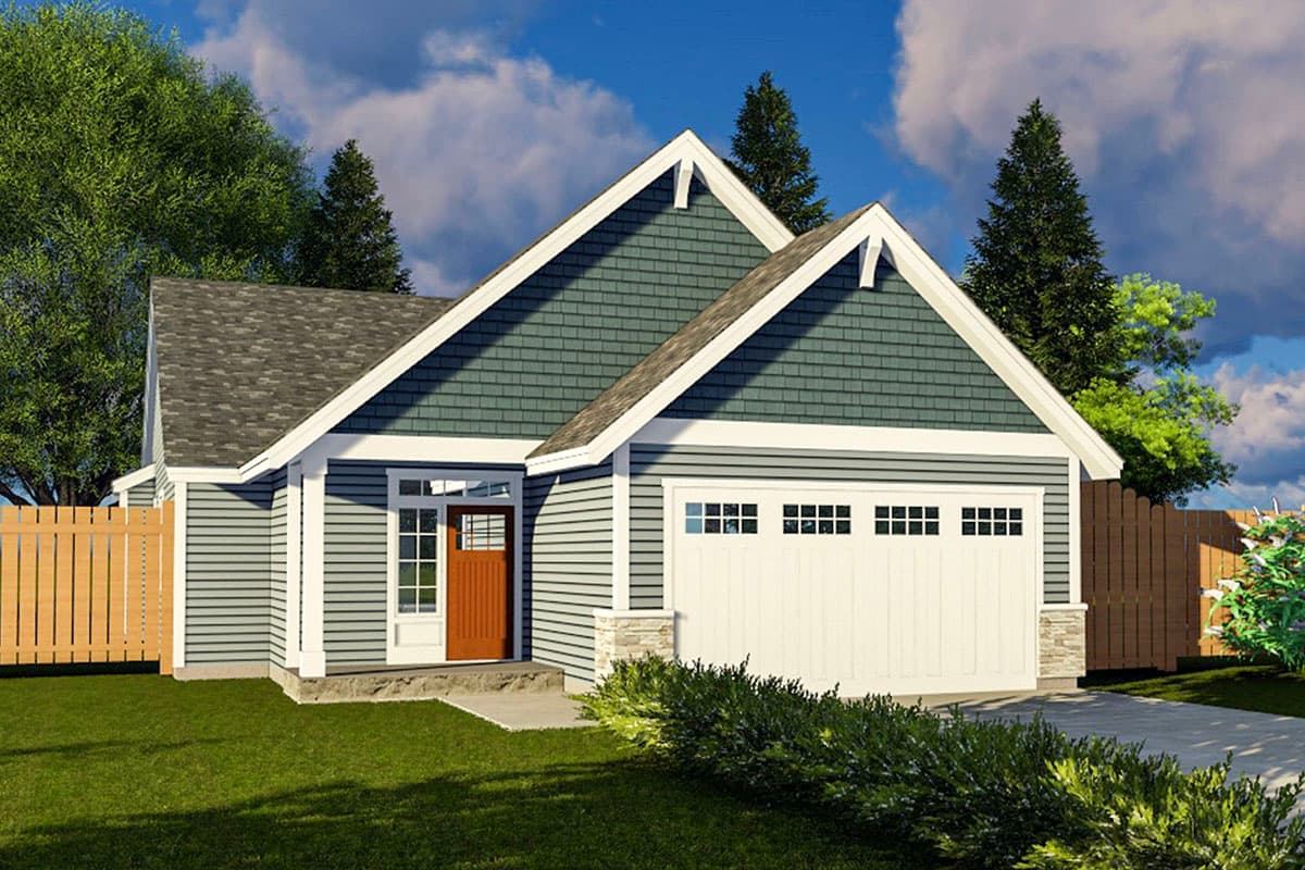 House plan exterior. Craftsman-style with a single story, gable roof, and a garage door. Features include wood siding and a covered front entry.