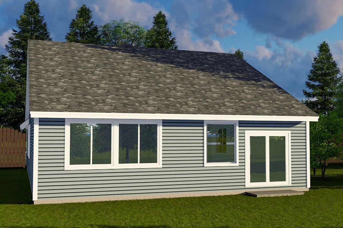 House plan exterior: single-story home with gray horizontal siding, hip roof, three large windows, and double glass doors.