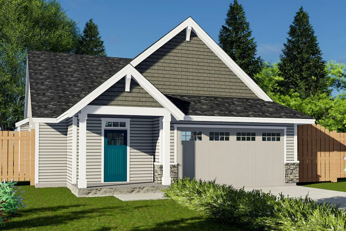 House plan exterior featuring Craftsman style, single story, gabled roof, and a garage door with multiple windows.