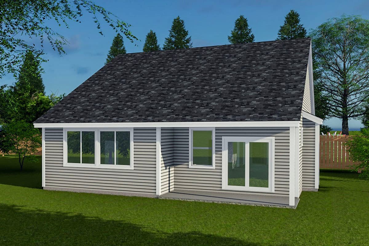 House plan exterior: single-story home with horizontal siding, a gabled roof, large windows, and glass double doors.