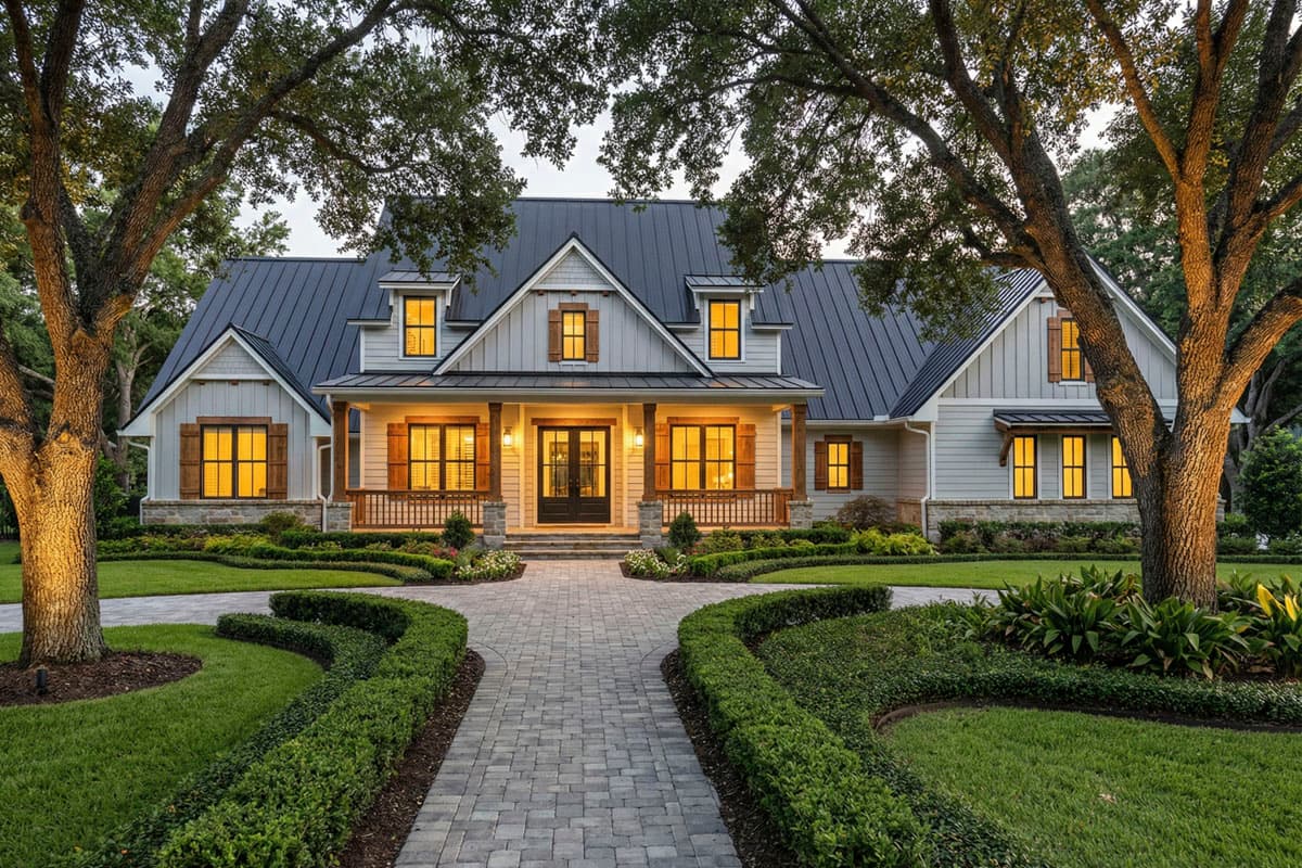 Modern Farmhouse house plan exterior with metal roof, prominent gables, dormers, and a covered front porch.