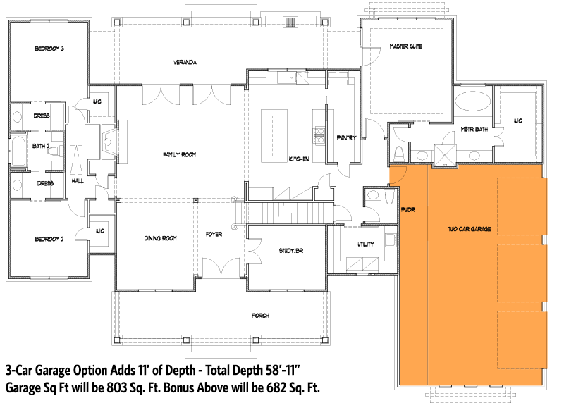 Plan 16925WG: One-Story Country Craftsman Home Plan with Loft and Optionally Finished Bonus Room - 2510 Sq Ft - Floor Plan - Main-Level 3-Car Side Garage Option ($ Paid Option) - Craftsman, Modern Farmhouse, New American