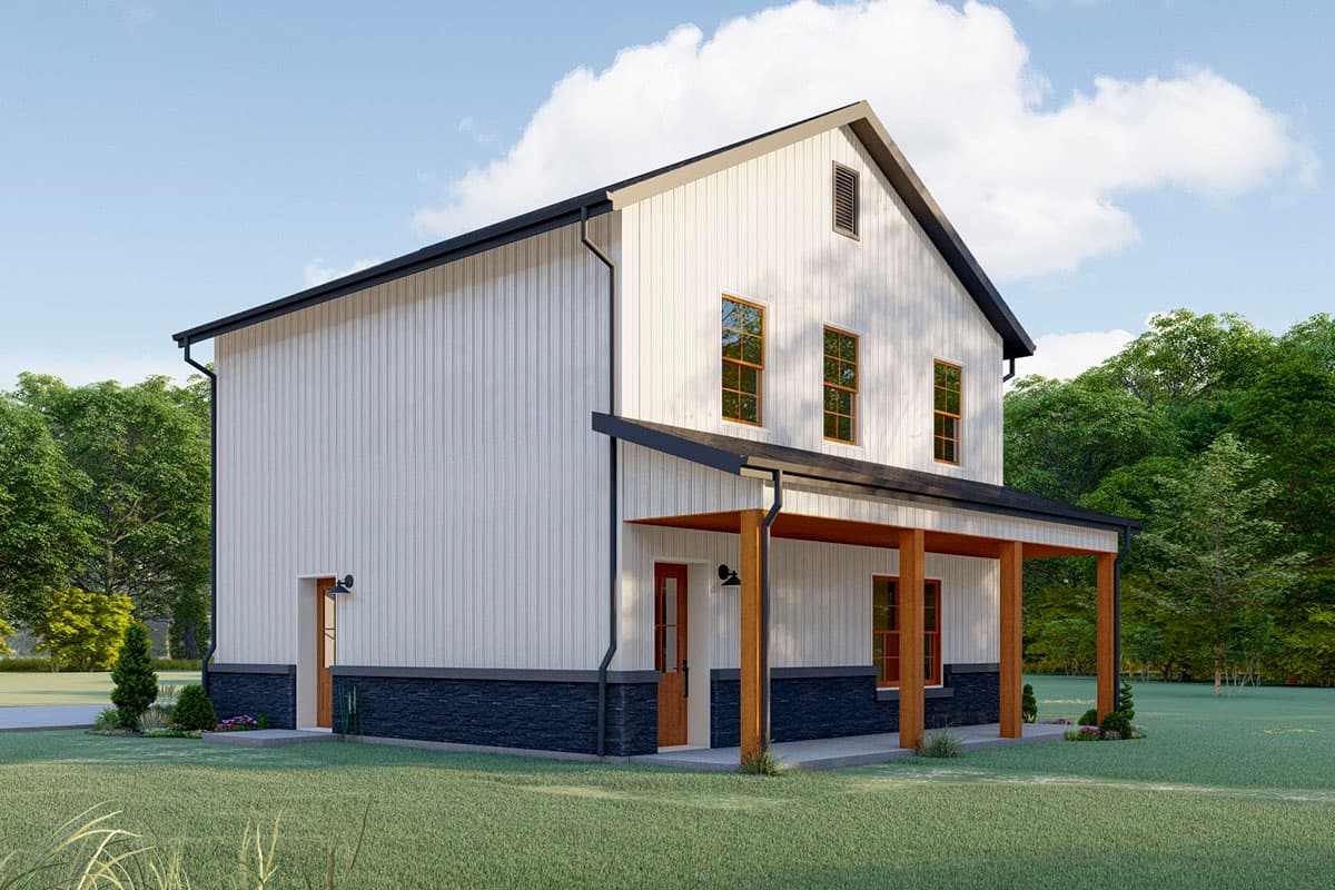 House plan exterior rendering. Two-story Modern Farmhouse with a gable roof, covered porch, and vertical siding. Features include three upper windows.
