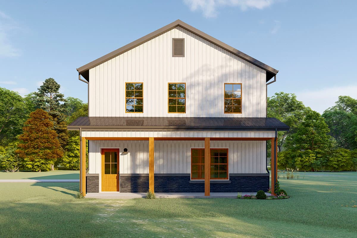 Two-story Modern Farmhouse plan exterior with a gabled roof, white vertical siding, covered porch, and stone skirting.