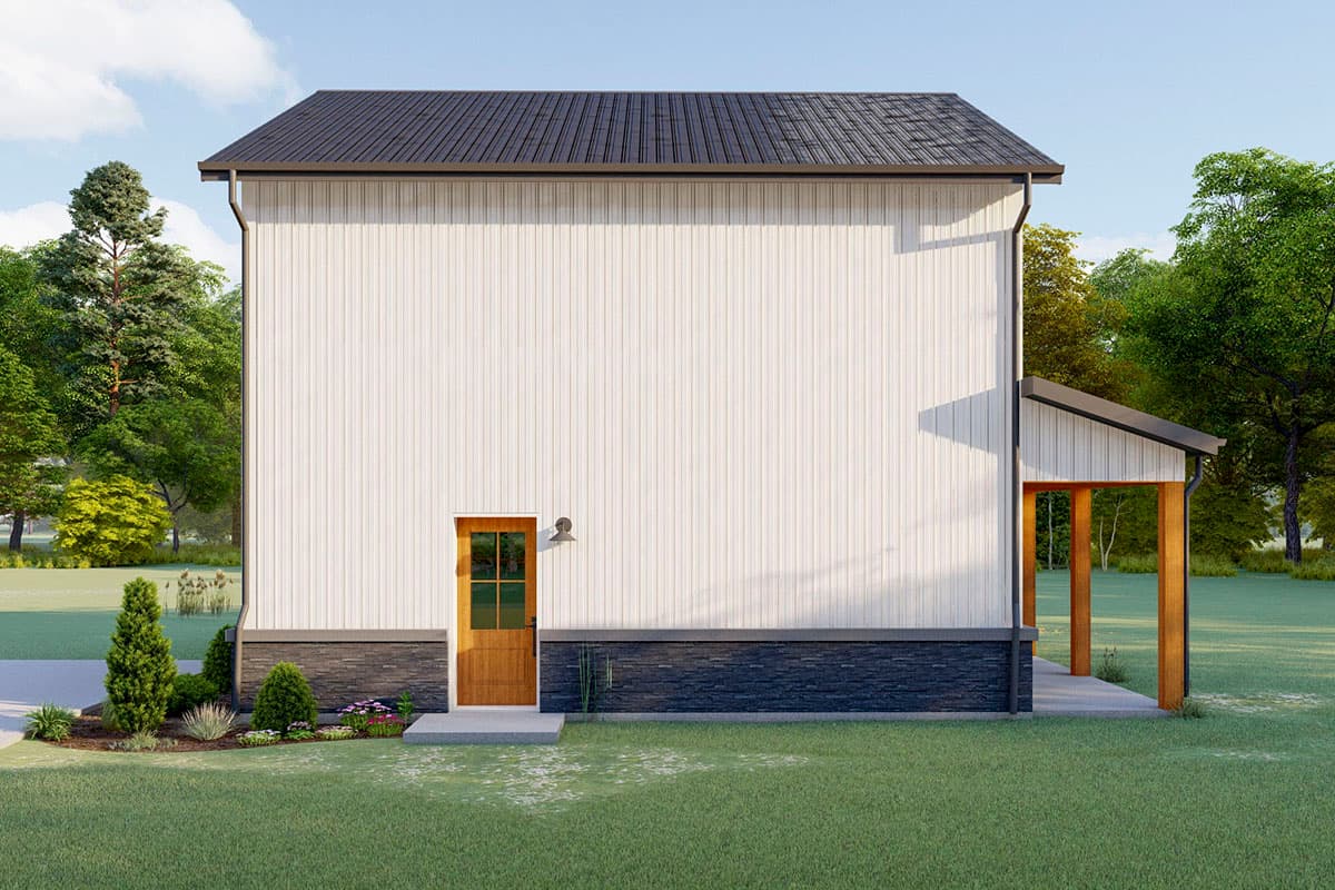 House plan exterior with vertical siding, stone foundation, wood door, and covered entry with wood posts.