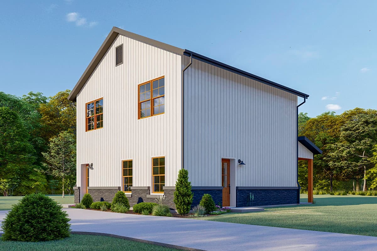 Modern house plan exterior with vertical siding, gable roof, white board and batten, and stone foundation.