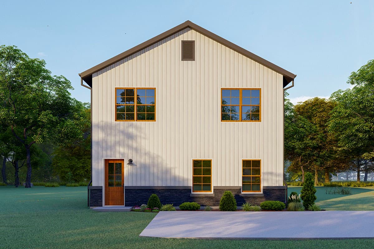 Modern farmhouse house plan exterior with vertical siding, gable roof, and multi-pane windows.