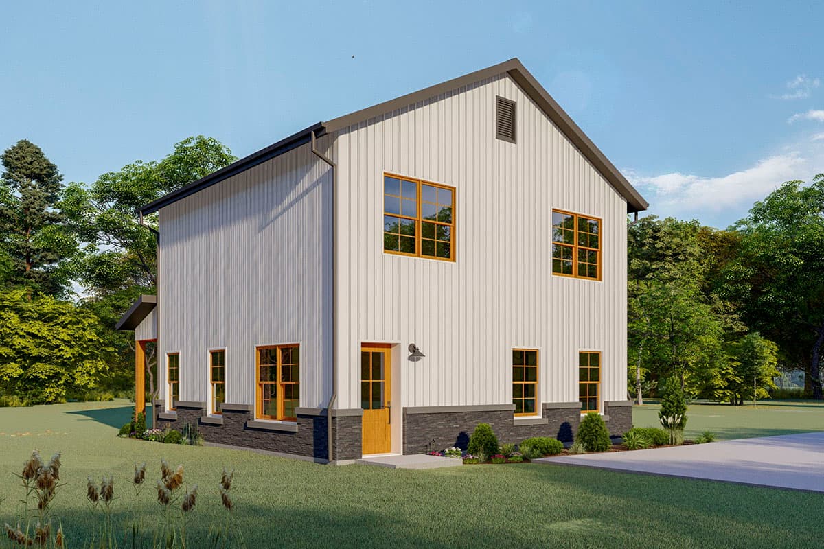 Modern farmhouse style house plan exterior: two stories, white vertical siding, gable roof, and stone base.